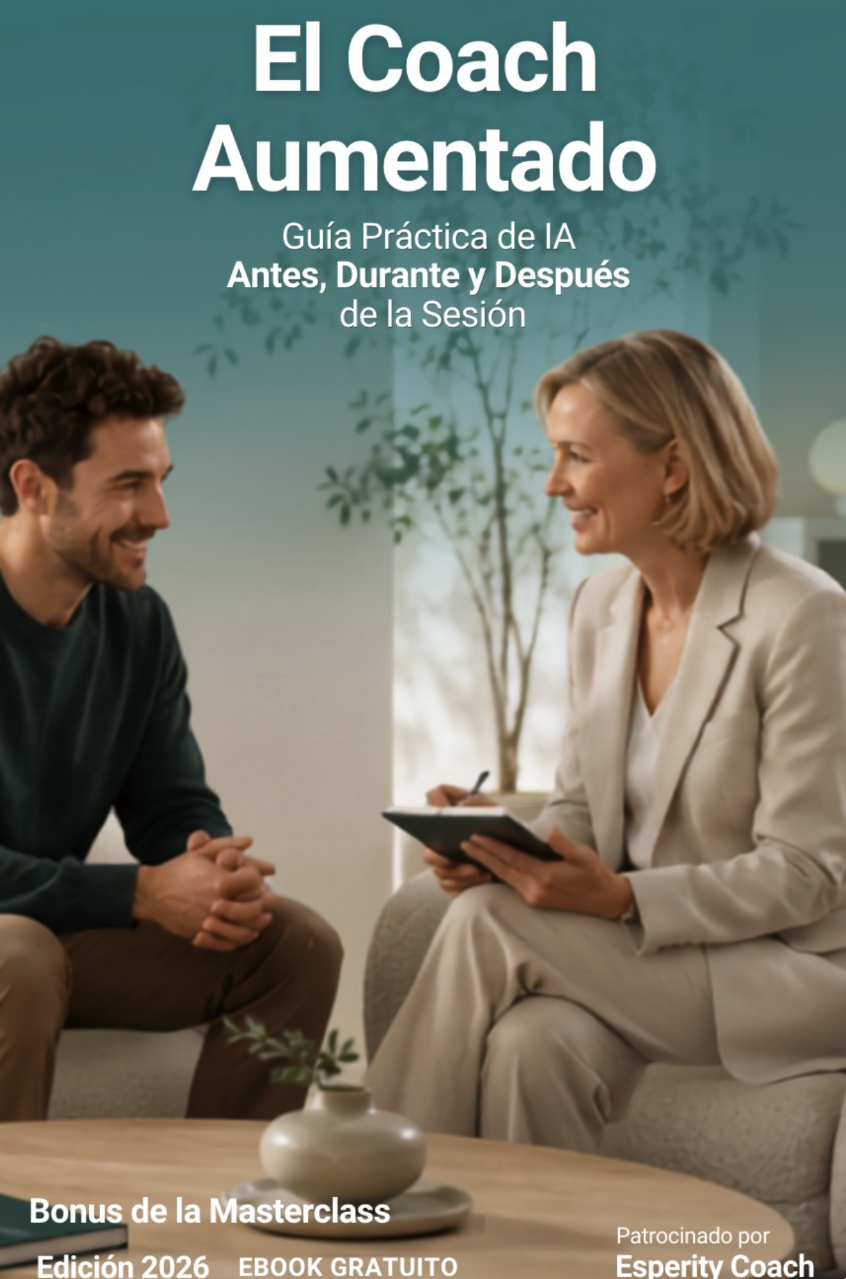 Portada del ebook: un coach y una clienta conversando en una sala luminosa